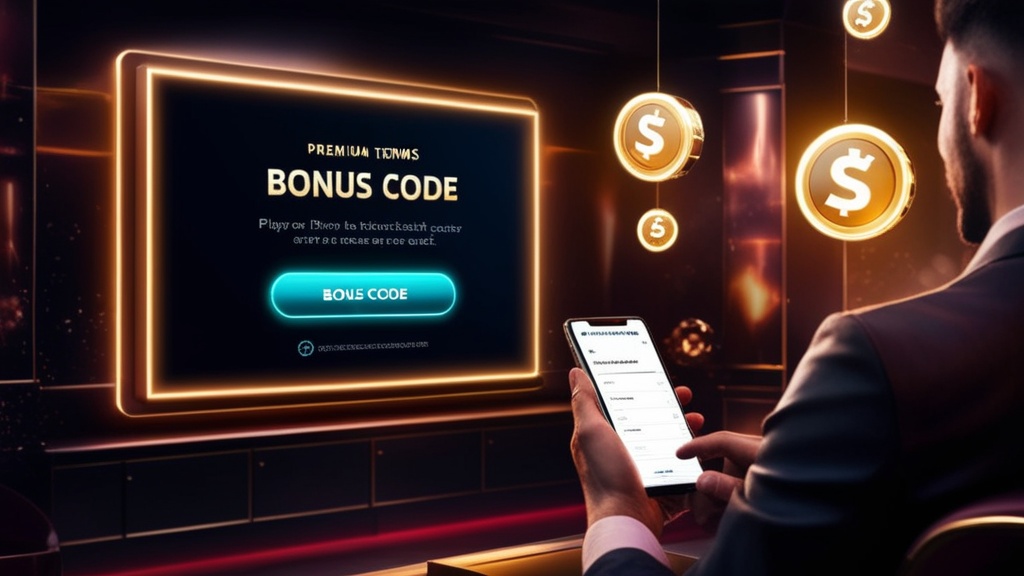 Casino bonus code panel glowing in a dark neon lobby
