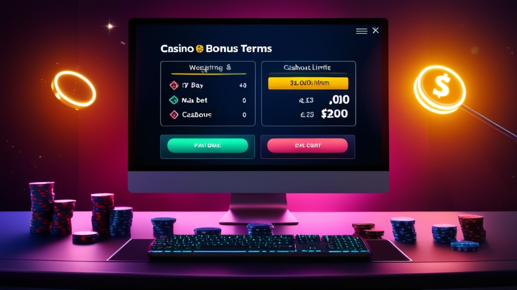Bonus terms and wagering limits displayed on a dark casino monitor